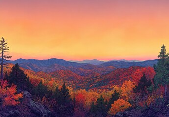 Breathtaking Autumn Landscape with Vibrant Colorful Trees Against a Stunning Sunset in the Smoky Mountains Showcasing Nature's Splendor and Scenic Beauty