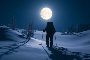 A hiker with trekking poles progresses through a snow-laden landscape under a luminous full moon, depicting an inspiring sense of midnight exploration.