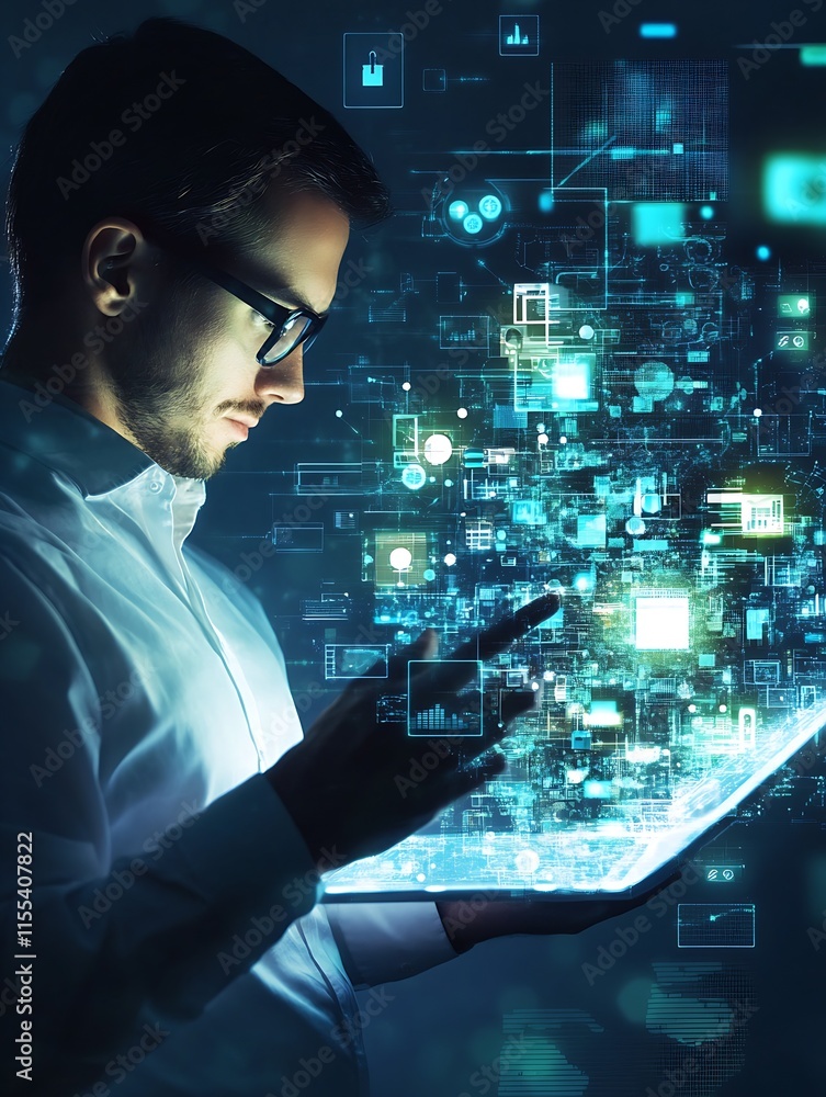 Poster Professional Using Digital Tablet Interface with Holographic Data Display Technology : Generative AI
