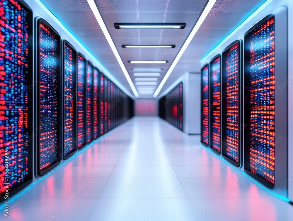 Poster data center corridor showing server racks emitting red and blue lights, suggesting a technological a