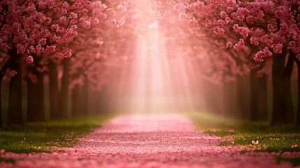 Serene Pathway Under Pink Cherry Blossom Canopy with Sunlight Filtering Through Trees