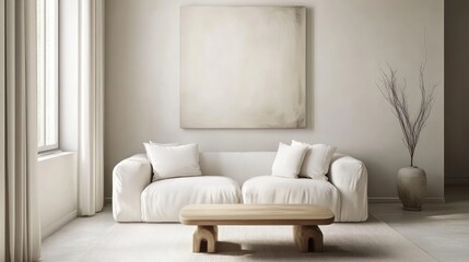 Modern minimalist living room with beige sofa, artwork, and wooden coffee table.