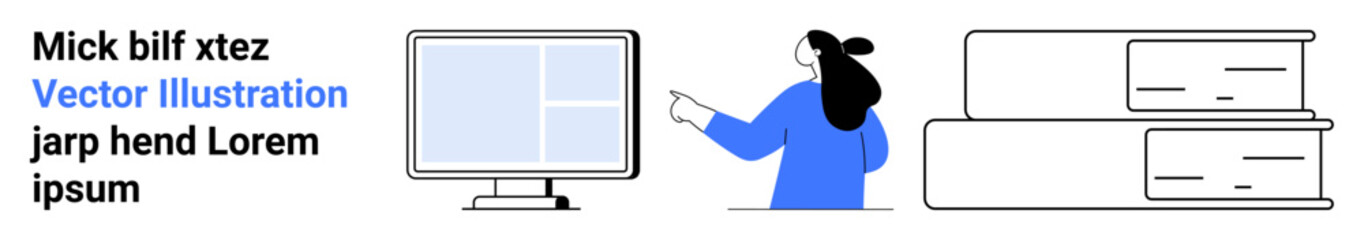 Person pointing at a computer screen with open books stacked beside. Ideal for digital learning, online courses, educational content, e-learning platforms, virtual classrooms, tech-savvy