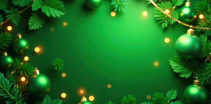 Abstract green color scheme with Christmas lights and ornaments, colors, decorations