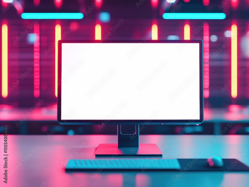 Poster modern computer monitor with blank white screen, keyboard and mouse placed on desk in futuristic neo