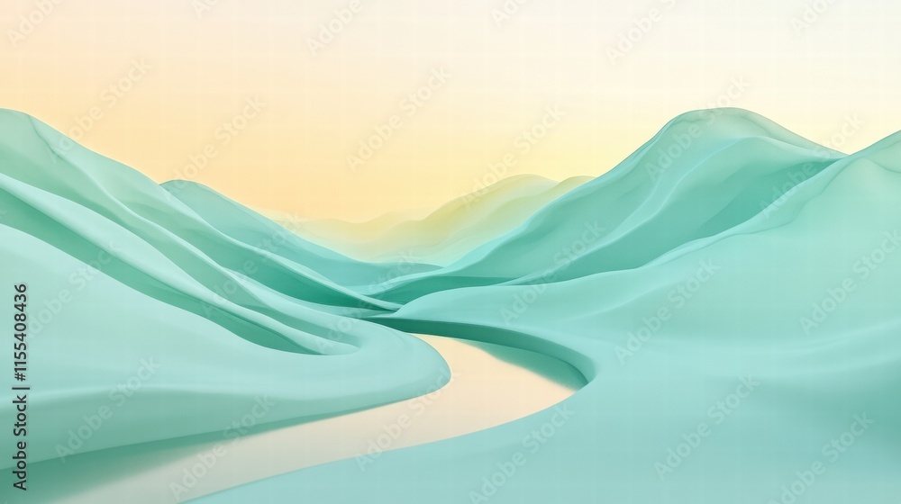 Poster winding river flows through serene mountain range in a minimalist landscape with space for text. gen