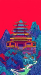 Obraz premium Colorful lines traditional building illustration poster background