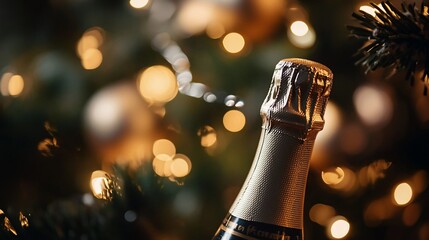 Champagne bottle close-up with Christmas tree lights in the background.