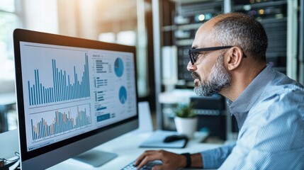 Technology Expert Analyzing Data on Computer in Modern Server Room Environment