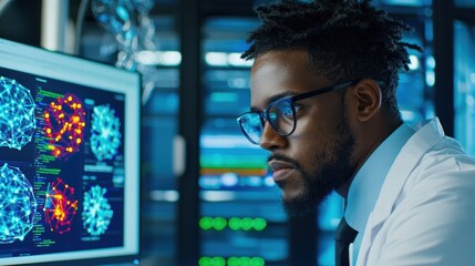 Expert in Technology Analyzing Data on Server Rack in Modern Data Center Environment