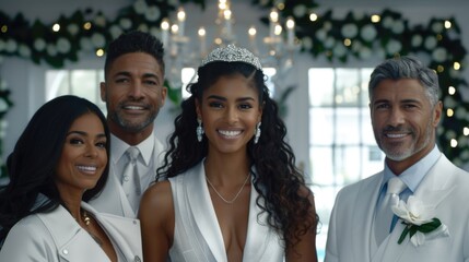Hispanic wedding celebration with smiling bride and family in elegant attire