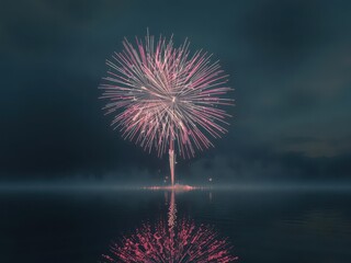 Vibrant fireworks burst over calm water, mirrored in inky sky, holiday,dark,sky