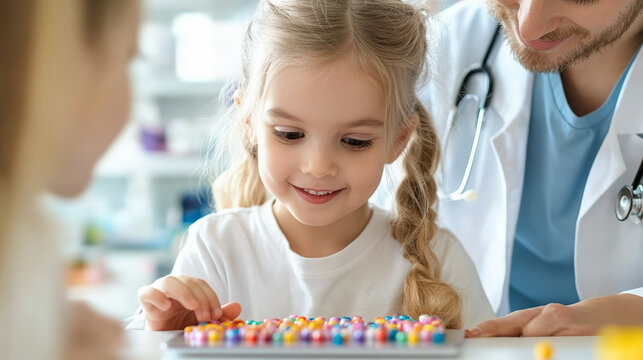 Child engaged in colorful educational activity with healthcare professional, promoting learning and development in a supportive environment.