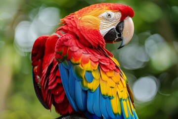 Fototapeta premium Close up of a scarlet macaw perched, displaying its vibrant red, yellow, and blue feathers against a blurred green background