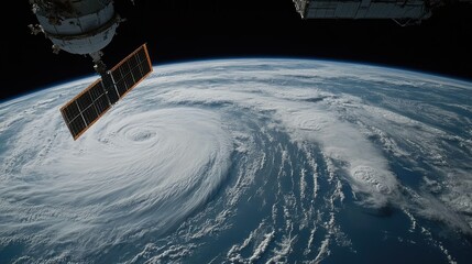 A geostationary satellite above Earth with weather systems and continents visible below