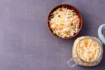 Tasty marinated cabbage with carrot, healthy food  Sauerkraut photography . Top view
