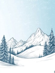 Fototapeta premium Winter doodle of snow capped mountains and pine trees showcasing a serene landscape. Generative AI