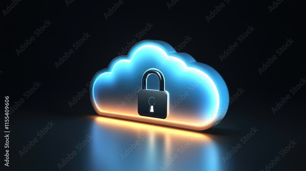 Poster a glowing cloud icon with a silver padlock in front, symbolizing secure data storage in the digital 
