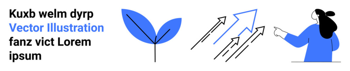 Woman gesturing at a sprouting blue plant and upward arrows. Ideal for business success, environmental goals, growth strategy, progress, motivation, sustainability, and development. Banner