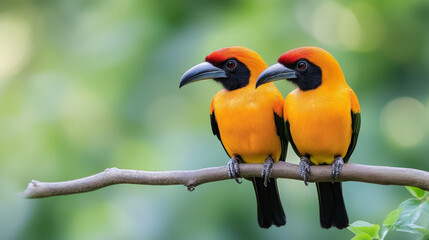Fototapeta premium Vibrant tropical birds perched on a branch in lush greenery, showcasing stunning plumage and wildlife beauty for nature enthusiasts.