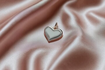 Heart-shaped pendant resting on luxurious satin fabric with subtle sheen and texture