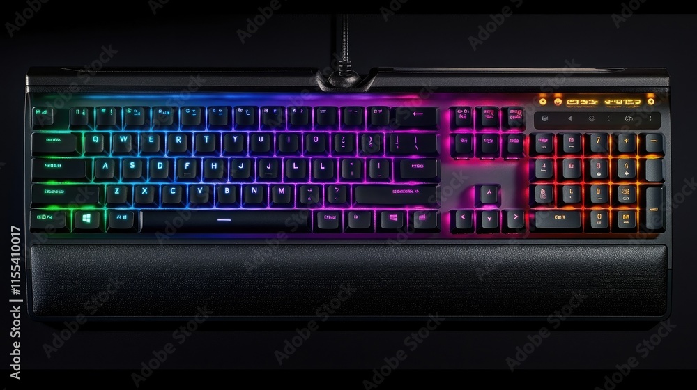 Poster a glowing keyboard with customizable backlighting, displaying a spectrum of vibrant colors.