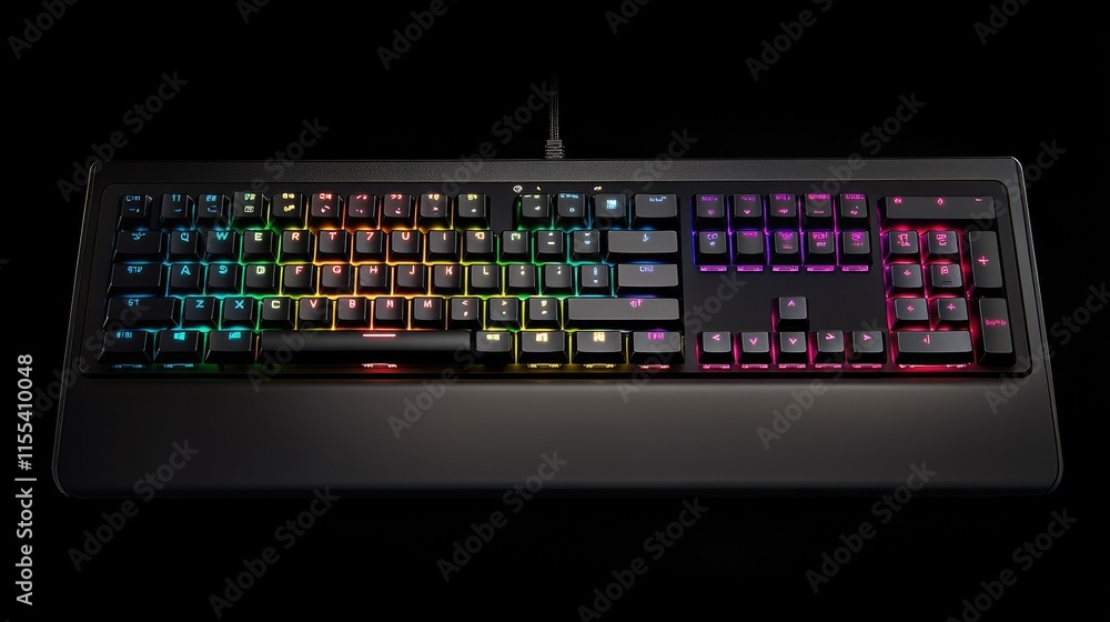 Poster a glowing keyboard with customizable backlighting, displaying a spectrum of vibrant colors.