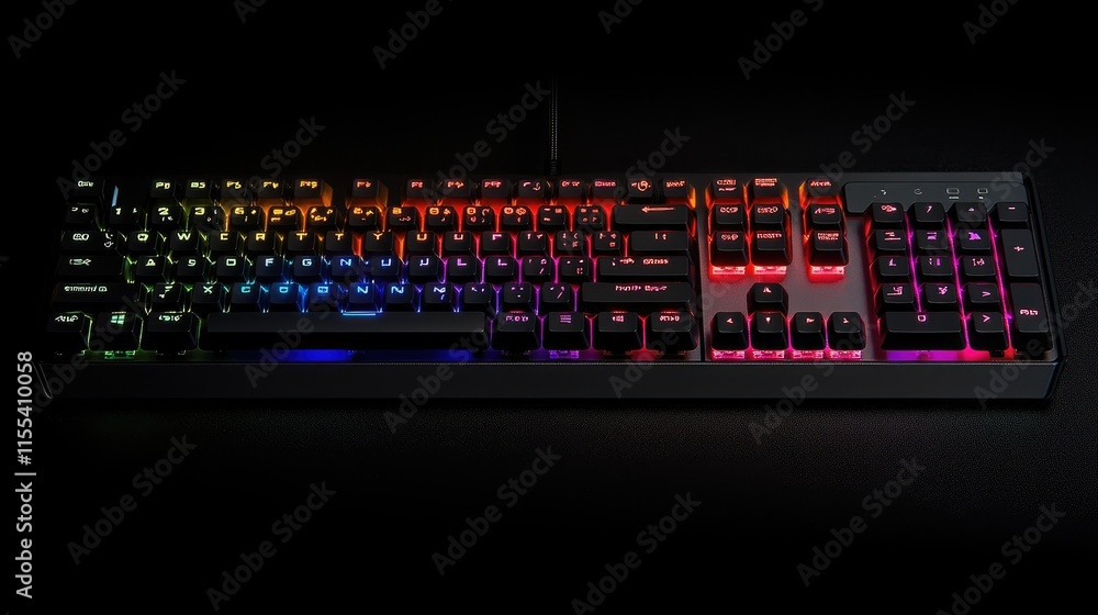 Poster a glowing keyboard with customizable backlighting, displaying a spectrum of vibrant colors.