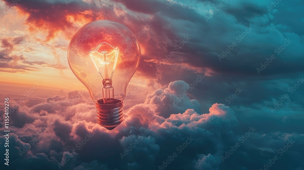 Poster a glowing light bulb emerging from a cluster of clouds, symbolizing an innovative idea breaking thro
