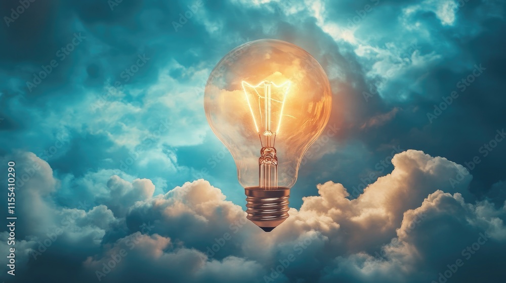 Poster a glowing light bulb emerging from a cluster of clouds, symbolizing an innovative idea breaking thro