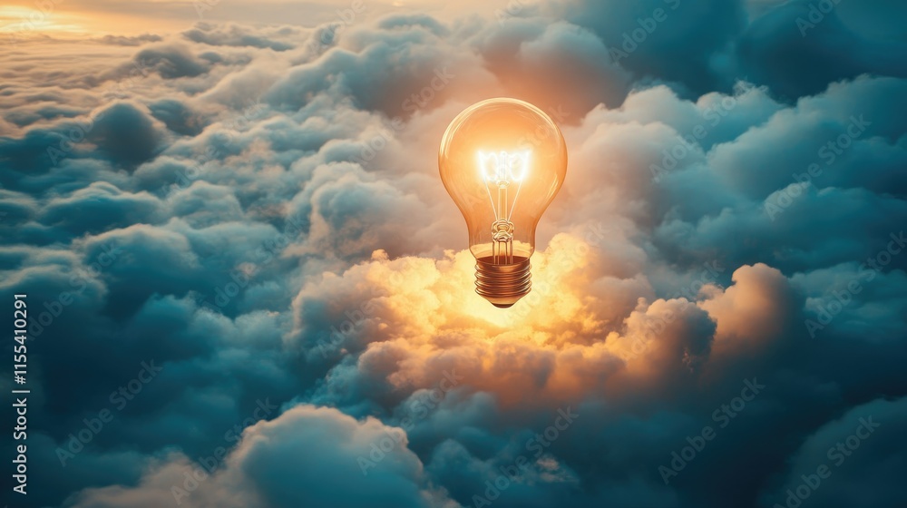 Poster a glowing light bulb emerging from a cluster of clouds, symbolizing an innovative idea breaking thro
