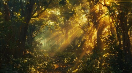 Sun Rays Coming Through Dense Trees, Creating a Beautiful Scene