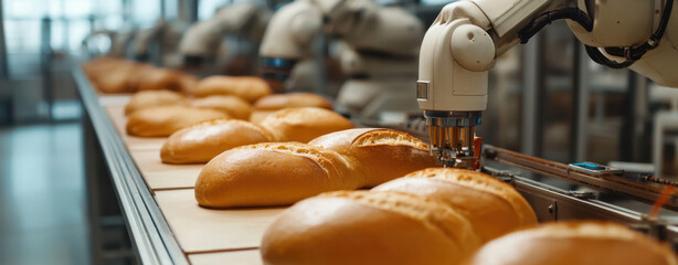 Robots on a bakery production line automate the slicing and packaging of fresh bread loaves. This advanced technology enhances productivity in a contemporary bakery setting.