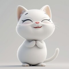 A delightful 3D-rendered cartoon-style white cat with a round body, smiling expression, and closed eyes. The cat's pose conveys joy and innocence, set against a white background.