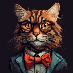 A sophisticated cartoon-style cat wearing round glasses, a blue suit, a white shirt, and an orange tie. The cat’s intelligent expression and vibrant colors exude charm and elegance.