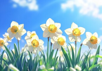 Bright Yellow Daffodils in Full Bloom Against a Clear Blue Sky with Fluffy Clouds, Symbolizing Joy and New Beginnings in a Vibrant Spring Landscape
