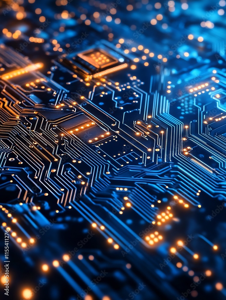 Fototapete HighTech Circuit Board with Glowing Orange Elements and Complexity : Generative AI