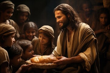 Jesus Christ compassion: feeding the hungry, bread offering, divine generosity, care for the needy, spiritual nourishment, selfless act, kindness demonstration, religious giving, charitable spirit.