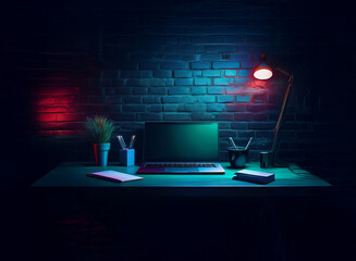 A dimly lit home office at night, ideal for remote work.  Laptop, desk lamp, and plants create a productive workspace.