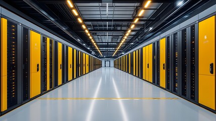 Modern data center interior, server room with black and yellow racks, clean white floor, industrial ceiling, LED lighting, symmetrical corridor perspective, high-tech infrastructure.