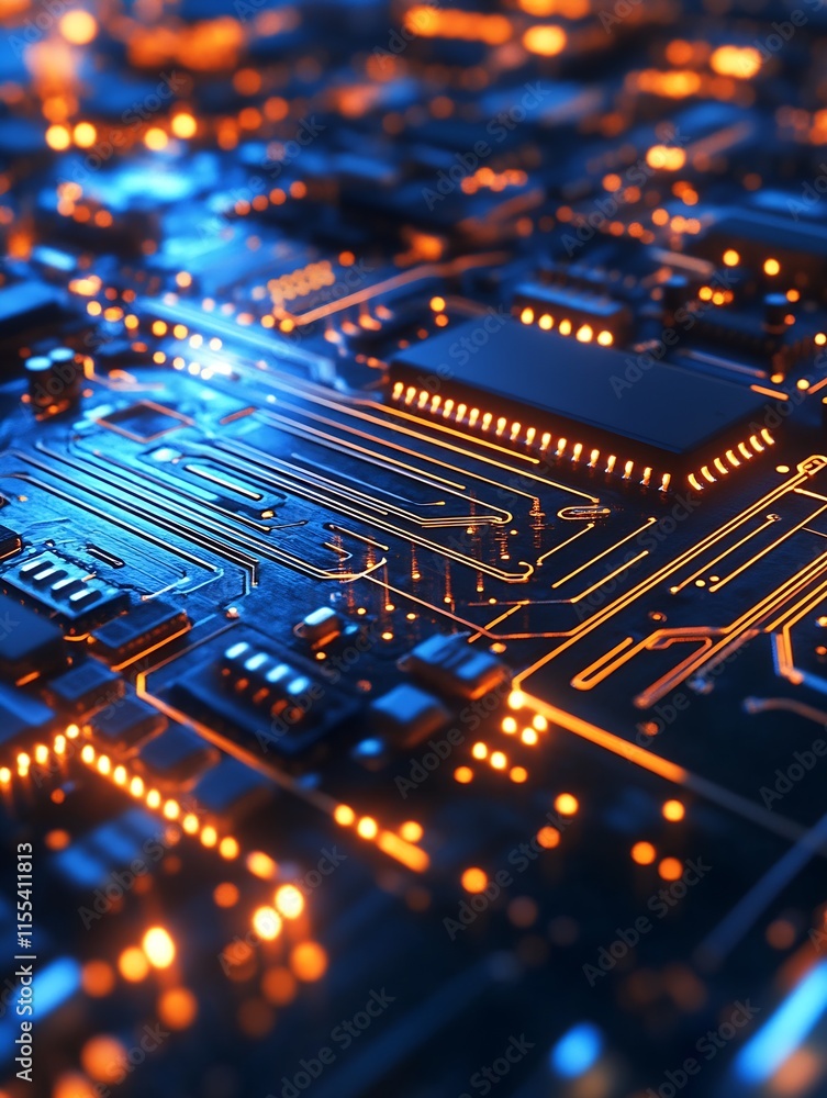 Fototapete orange circuit board with low key digital lighting and advanced technology : generative ai