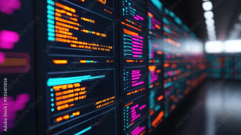 Poster Server racks processing and displaying data in a modern data center, highlighting information technology and cybersecurity