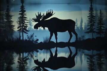 A moose silhouette against a twilight forest, beautifully doubled as a reflection in calm waters, craftily blending serenity and twilight hues in a captivating artwork.