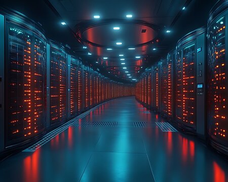 Futuristic server room corridor with glowing racks.