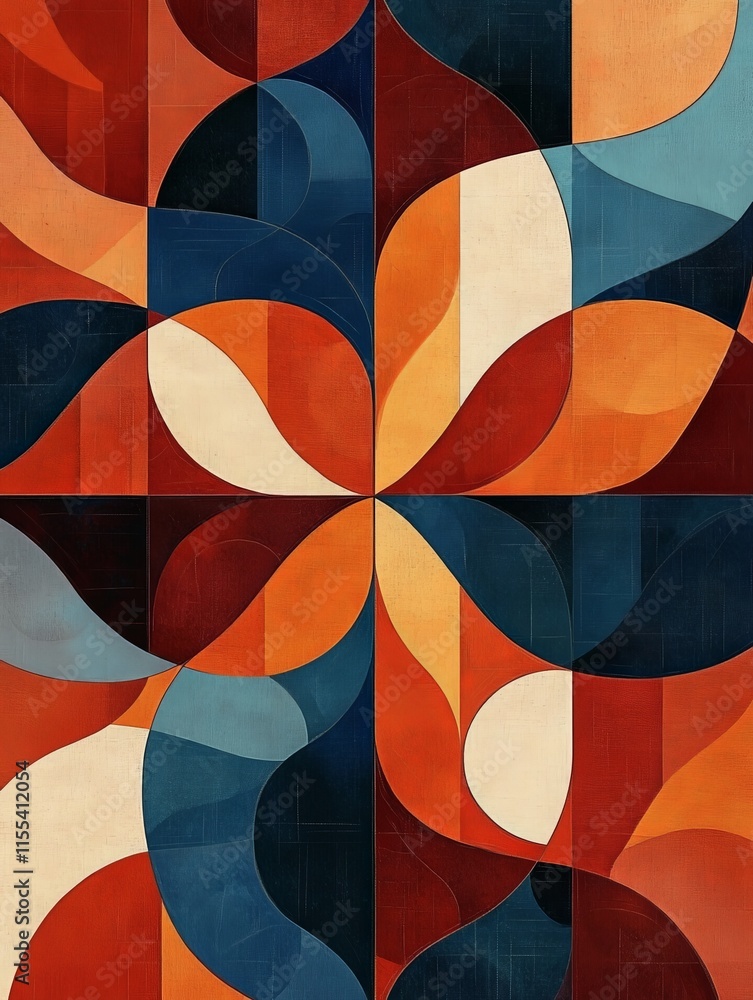 Leinwandbilder Richly colored geometric abstract with overlapping shapes, creating a harmonious dance of red, orange, blue, and beige, suggesting complexity and balance.
