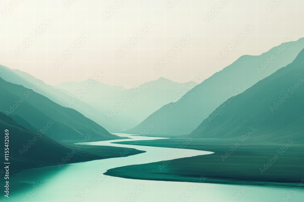 Poster stunning mountain range with a winding river at sunrise creating a serene landscape for text placeme