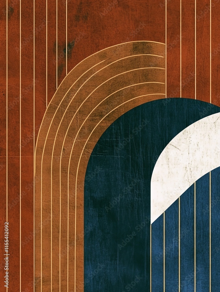 Poster an abstract art piece that features a curved arch juxtaposed with geometric lines, blending shades o