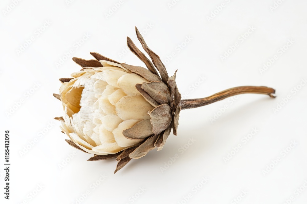 Poster a single dried protea flower with brown outer petals and soft white inner petals, displayed on a neu