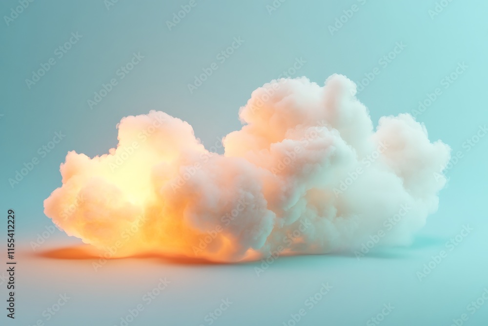 Poster a fluffy cloud illuminated by soft, warm light against a gradient sky, evoking tranquility and warmt
