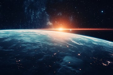 Fototapeta premium An inspiring view of sunrise from outer space showing the sunlight breaking over the planet's horizon, symbolizing new beginnings and hope in vastness.